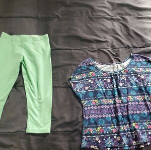 girl large sage green capri leggings, blue design short sleeve top